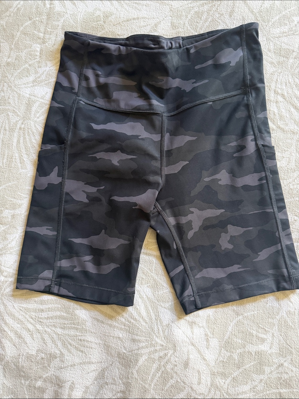 Athleta Black & Gray Camo High-Rise Bike Shorts